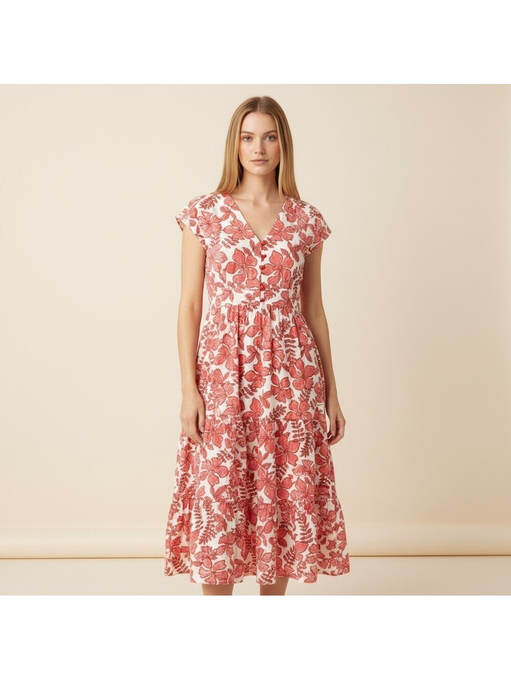 Nicole Miller Dress Women S Small White Floral Sheath Midi V-Neck Elastic Waist